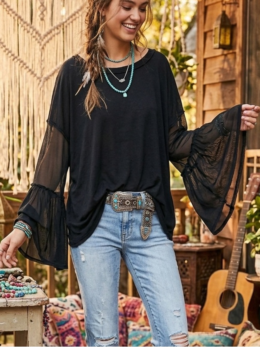 Free People Black Sheer Bell Sleeve Blouse Festival Boho